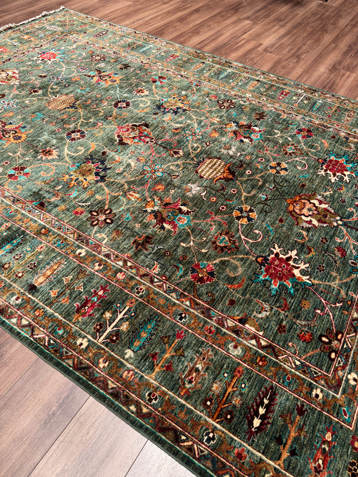Sultani Binbirgece Orijinal El Dokuması Yeşil Kök Boya Yün Halı 209x305 6.37 Metrekare - 7x10 ft
