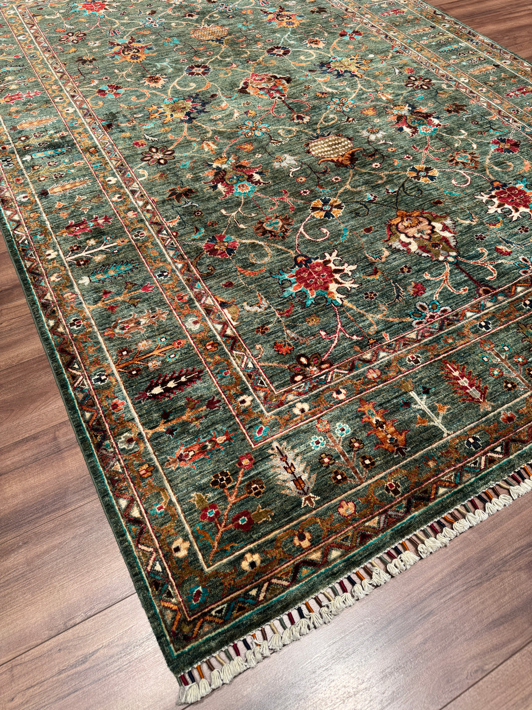 Sultani Binbirgece Orijinal El Dokuması Yeşil Kök Boya Yün Halı 209x305 6.37 Metrekare - 7x10 ft