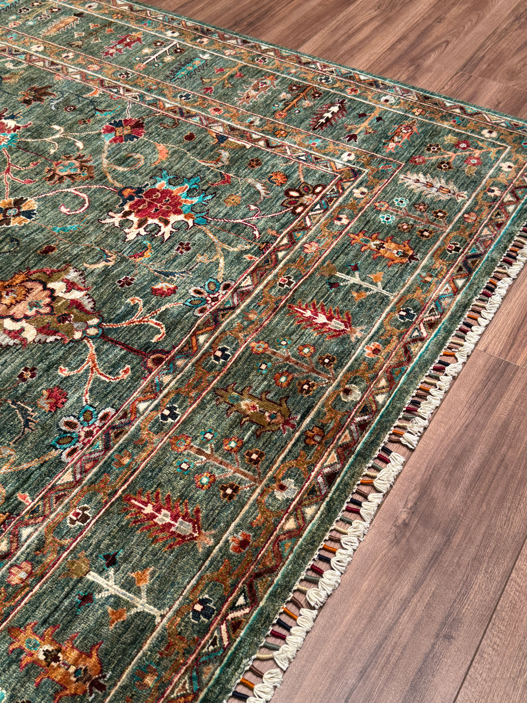 Sultani Binbirgece Orijinal El Dokuması Yeşil Kök Boya Yün Halı 209x305 6.37 Metrekare - 7x10 ft