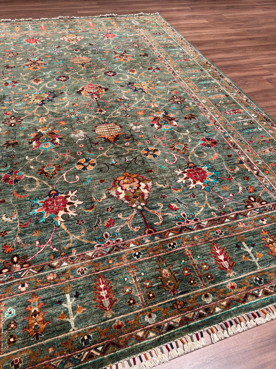 Sultani Binbirgece Orijinal El Dokuması Yeşil Kök Boya Yün Halı 209x305 6.37 Metrekare - 7x10 ft