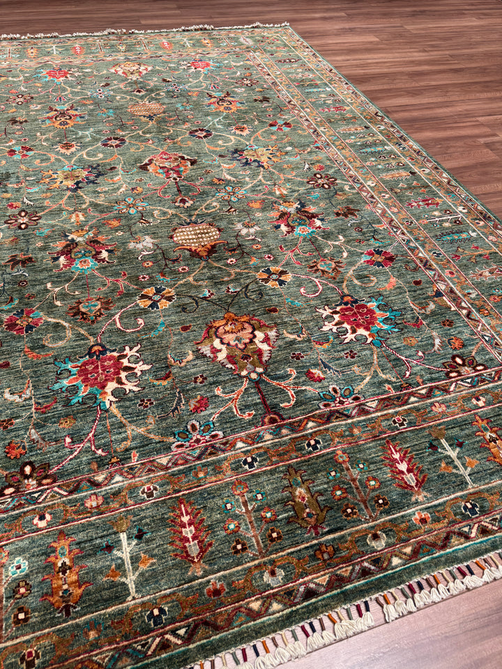 Sultani Binbirgece Orijinal El Dokuması Yeşil Kök Boya Yün Halı 209x305 6.37 Metrekare - 7x10 ft