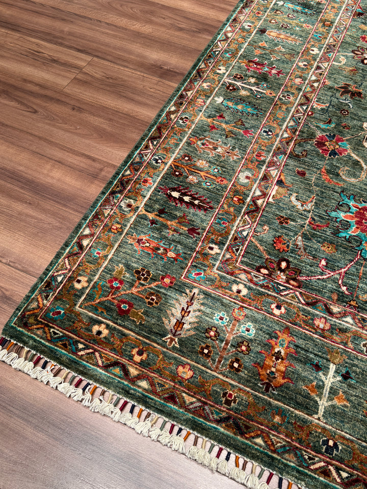 Sultani Binbirgece Orijinal El Dokuması Yeşil Kök Boya Yün Halı 209x305 6.37 Metrekare - 7x10 ft