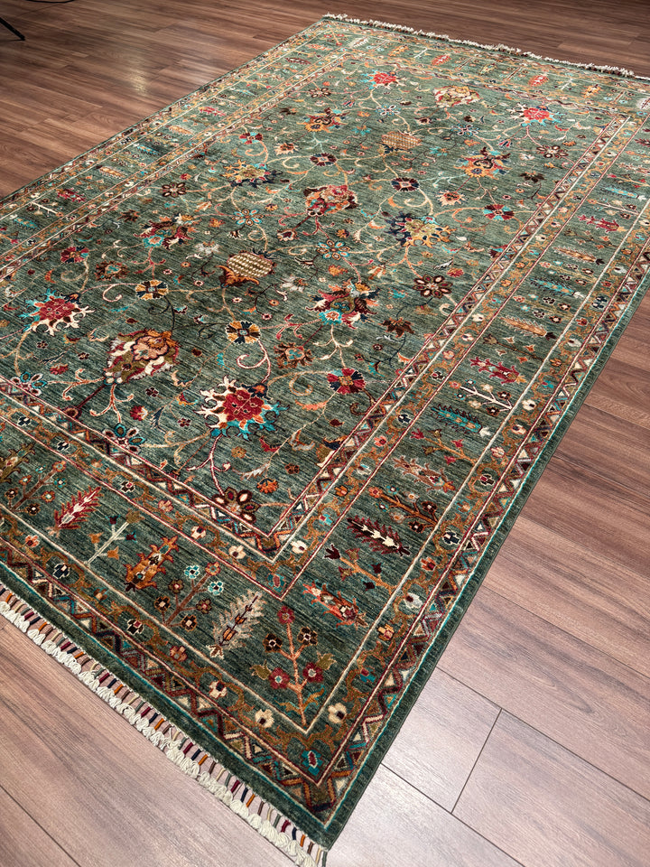 Sultani Binbirgece Orijinal El Dokuması Yeşil Kök Boya Yün Halı 209x305 6.37 Metrekare - 7x10 ft