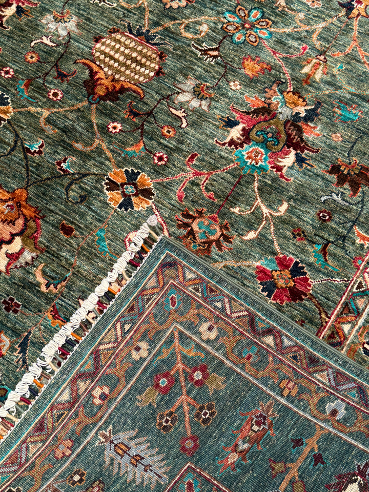 Sultani Binbirgece Orijinal El Dokuması Yeşil Kök Boya Yün Halı 209x305 6.37 Metrekare - 7x10 ft