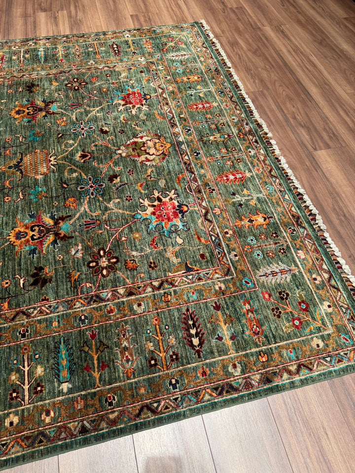 Sultani Binbirgece Orijinal El Dokuması Yeşil Kök Boya Yün Halı 209x305 6.37 Metrekare - 7x10 ft
