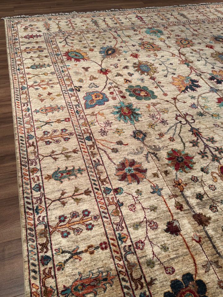 Sultani Floral Original Handwoven Beige Root Dye Wool Rug 254x310 cm (7.87 square meters) - 8x10 ft 