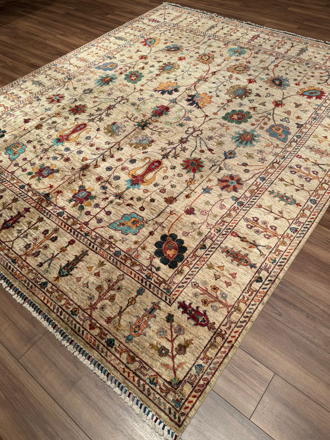Sultani Floral Original Handwoven Beige Root Dye Wool Rug 254x310 cm (7.87 square meters) - 8x10 ft 