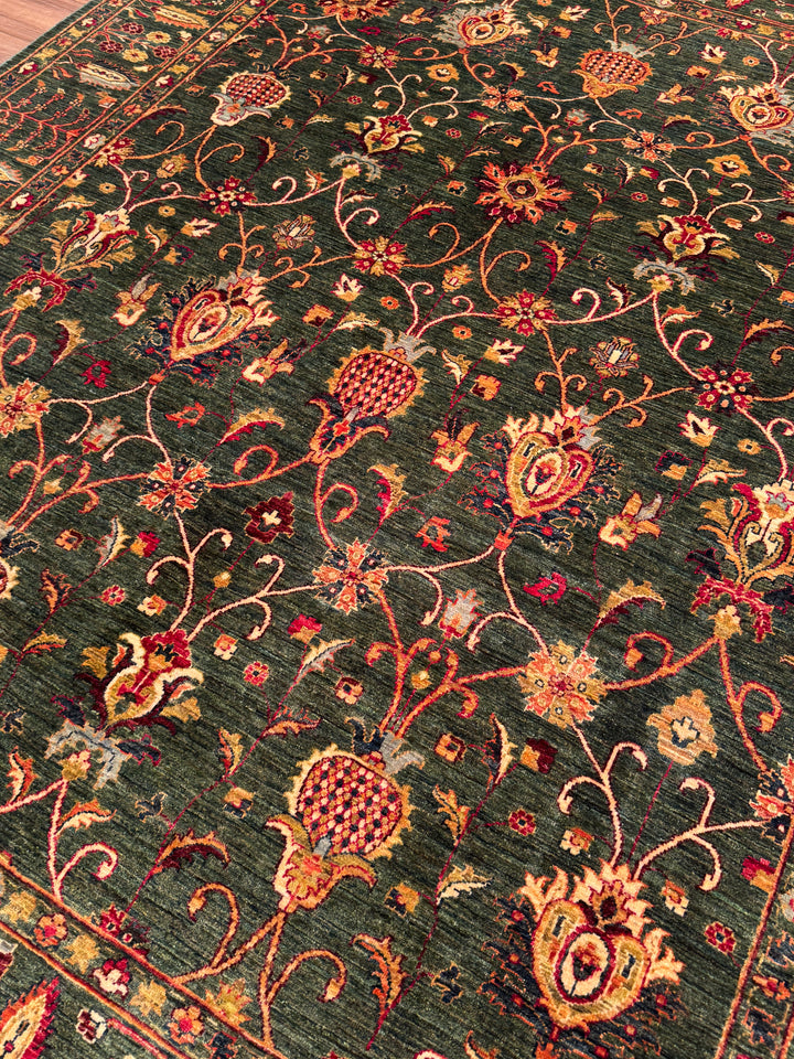 Sultani One Thousand and One Nights Original Handwoven Green Root Dye Wool Rug 252x300 cm (7.56 square meters) - 7x10 ft 