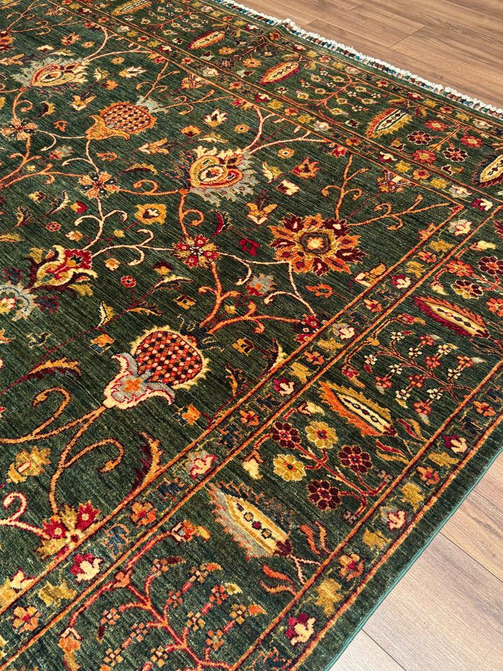 Sultani One Thousand and One Nights Original Handwoven Green Root Dye Wool Rug 252x300 cm (7.56 square meters) - 7x10 ft 