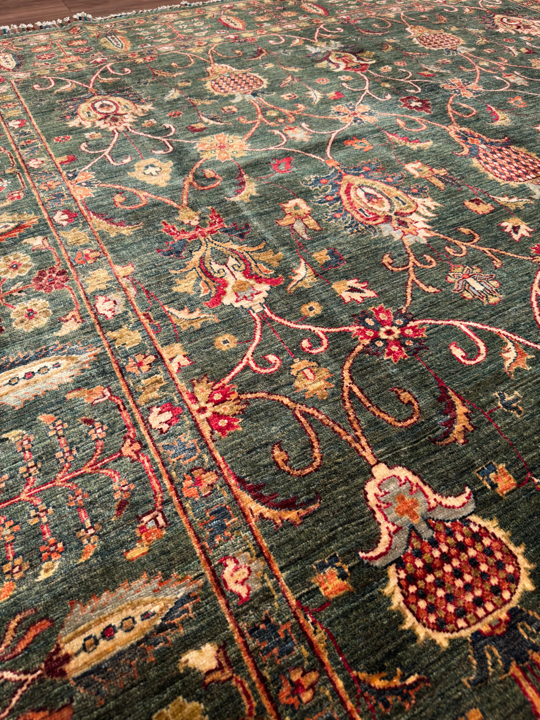 Sultani One Thousand and One Nights Original Handwoven Green Root Dye Wool Rug 252x300 cm (7.56 square meters) - 7x10 ft 