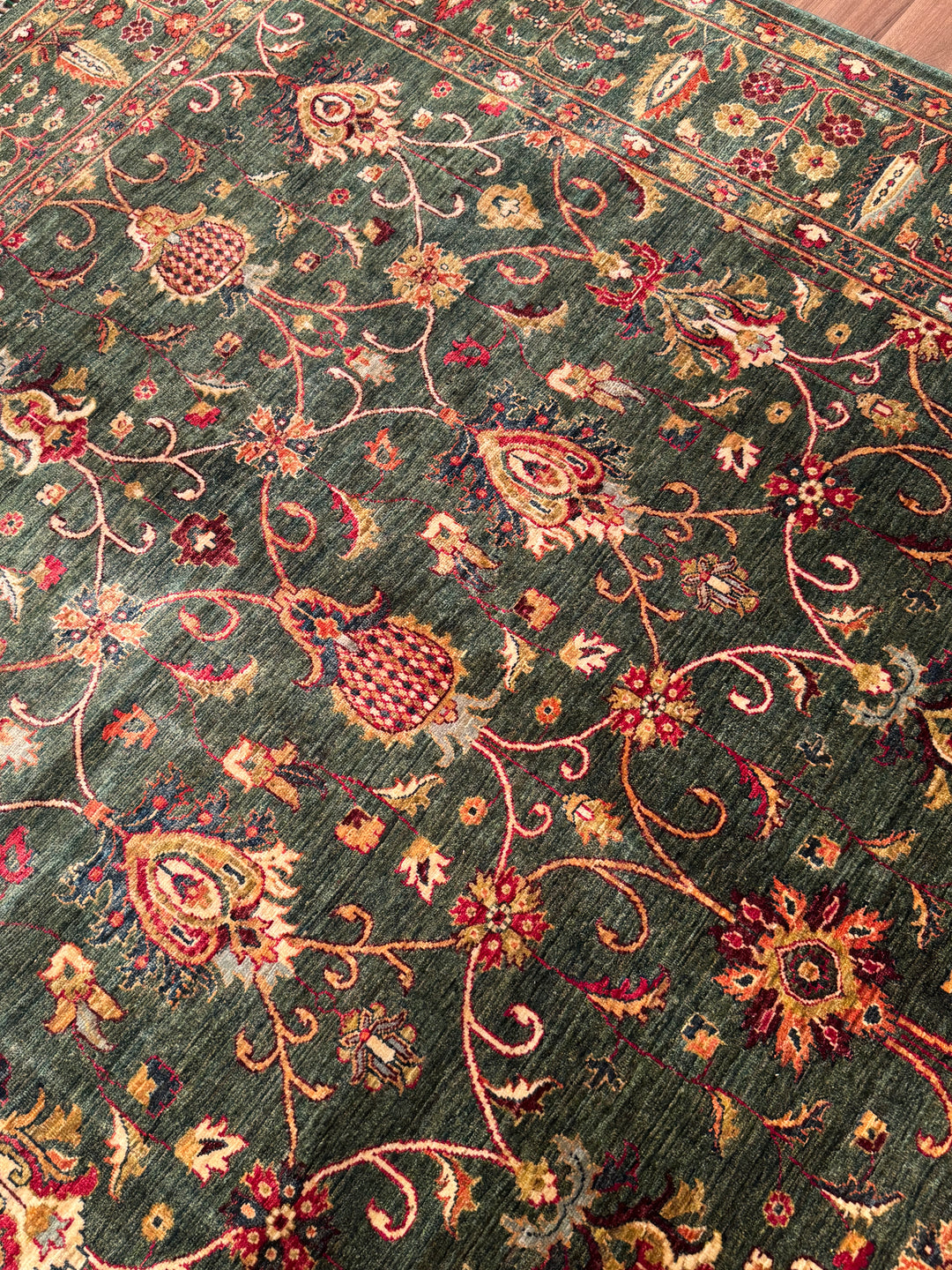 Sultani One Thousand and One Nights Original Handwoven Green Root Dye Wool Rug 252x300 cm (7.56 square meters) - 7x10 ft 