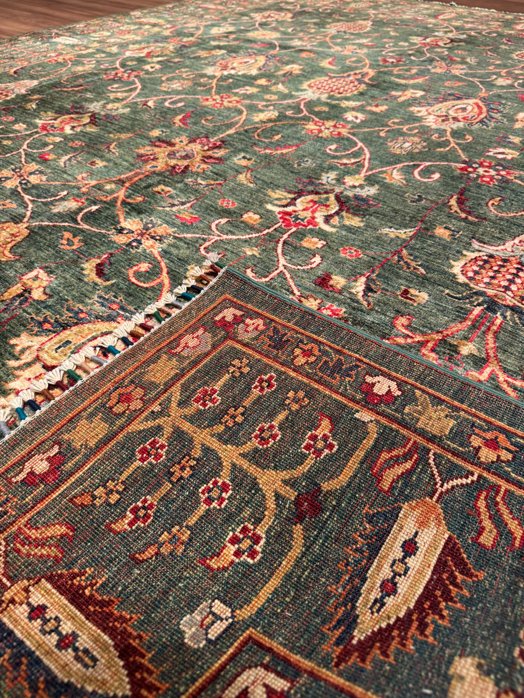 Sultani One Thousand and One Nights Original Handwoven Green Root Dye Wool Rug 252x300 cm (7.56 square meters) - 7x10 ft 