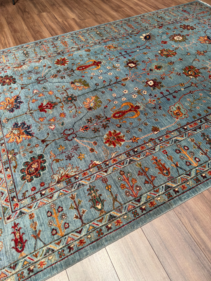 Sultani Çiçekli Orijinal El Dokuması Gri Kök Boya Yün Halı 208x310 6.45 Metrekare - 7x10 ft