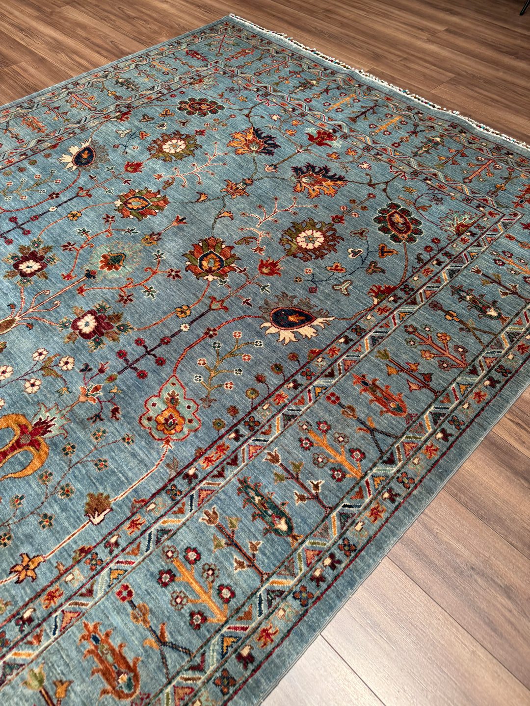 Sultani Çiçekli Orijinal El Dokuması Gri Kök Boya Yün Halı 208x310 6.45 Metrekare - 7x10 ft