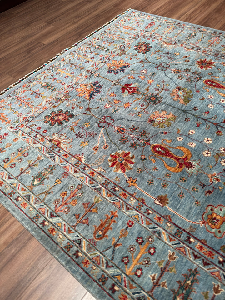 Sultani Çiçekli Orijinal El Dokuması Gri Kök Boya Yün Halı 208x310 6.45 Metrekare - 7x10 ft