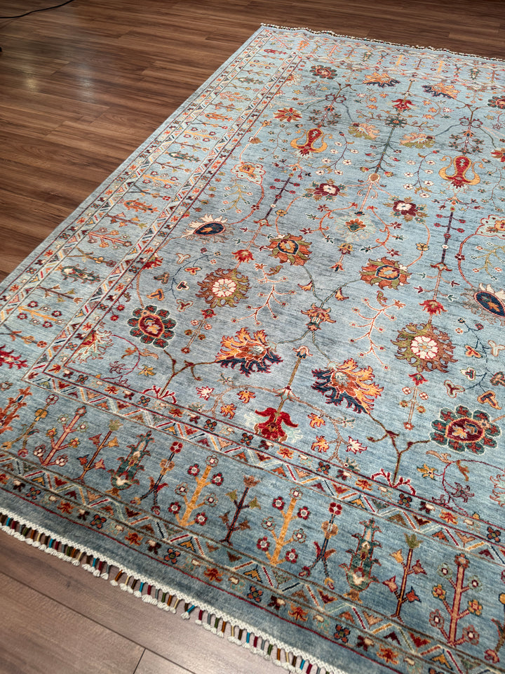 Sultani Çiçekli Orijinal El Dokuması Gri Kök Boya Yün Halı 208x310 6.45 Metrekare - 7x10 ft