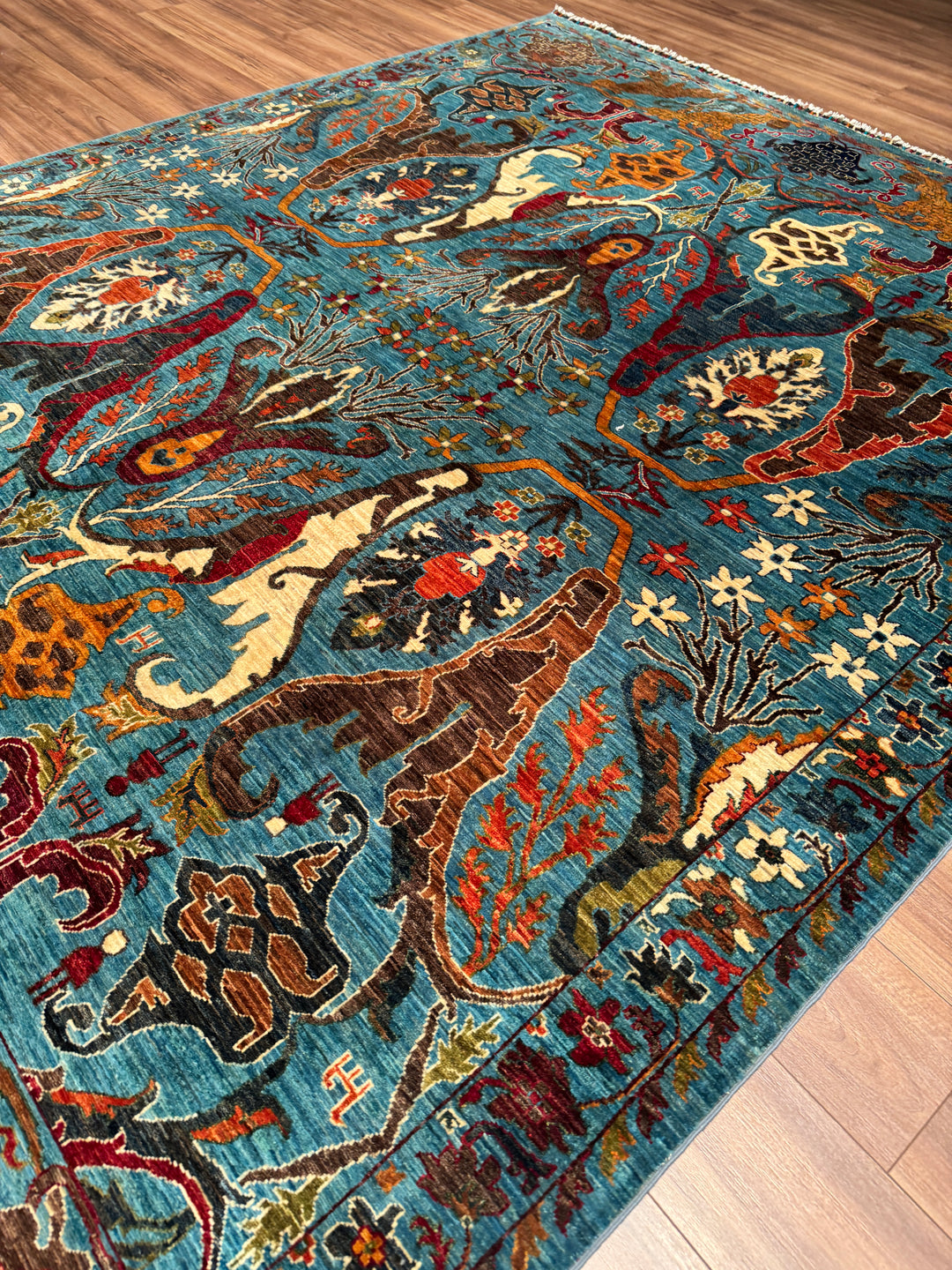 Sultani Binbirgece Orijinal El Dokuması Mavi Kök Boya Yün Halı 254x311 7.90 Metrekare - 7x10 ft