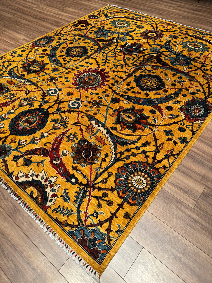 Sultani Binbirgece Orijinal El Dokuması Sarı Kök Boya Yün Halı 244x304 7.42 Metrekare - 7x10 ft