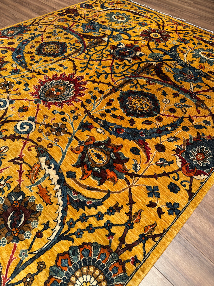 Sultani Binbirgece Orijinal El Dokuması Sarı Kök Boya Yün Halı 244x304 7.42 Metrekare - 7x10 ft