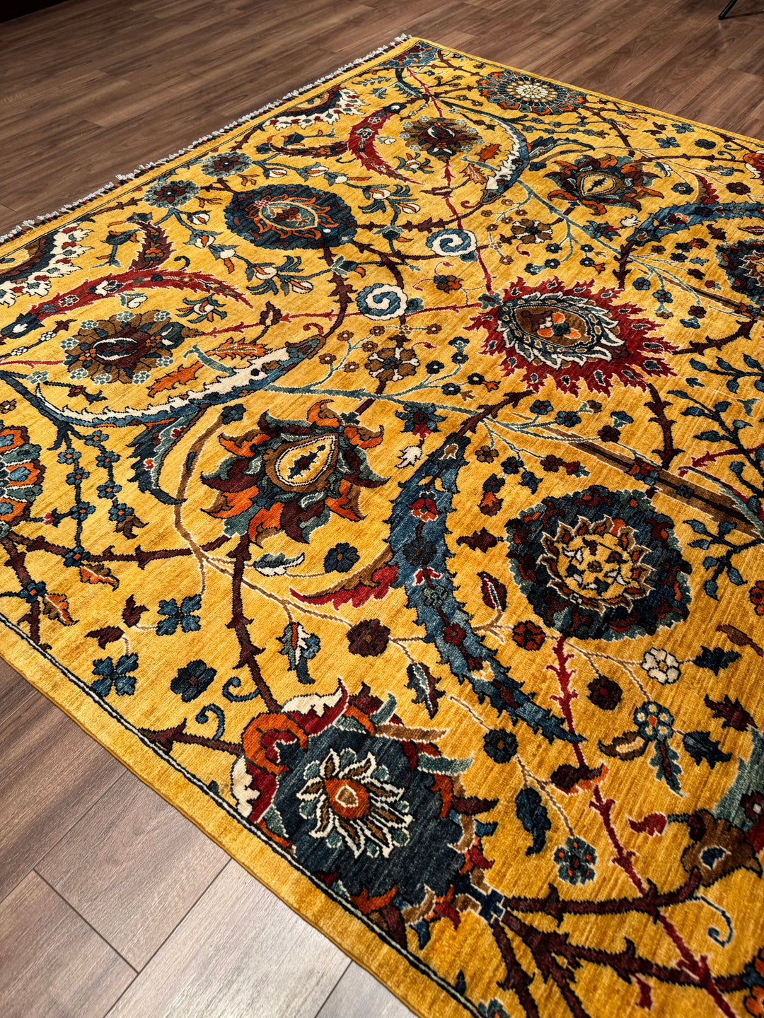 Sultani Binbirgece Orijinal El Dokuması Sarı Kök Boya Yün Halı 244x304 7.42 Metrekare - 7x10 ft