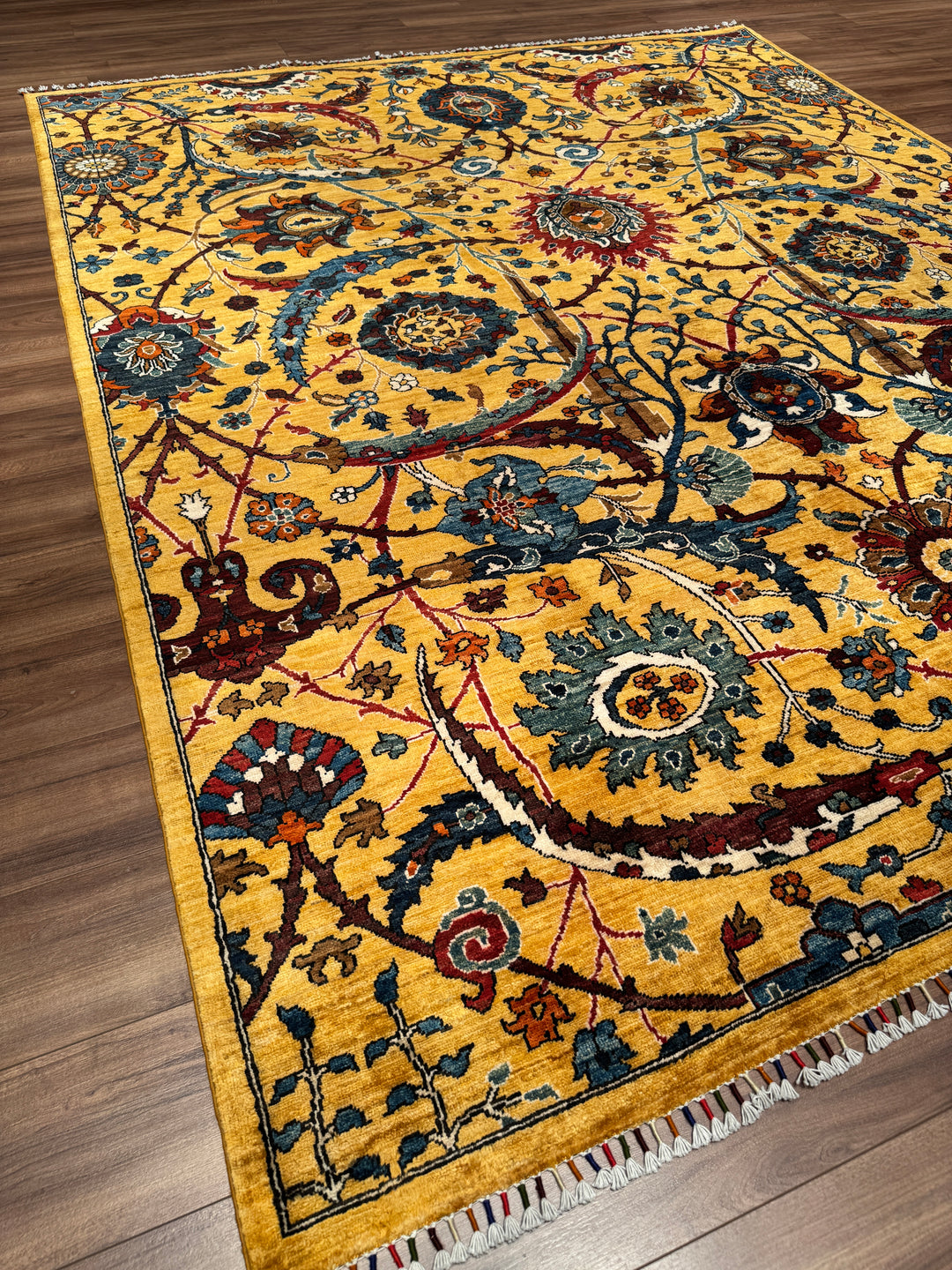Sultani Binbirgece Orijinal El Dokuması Sarı Kök Boya Yün Halı 244x304 7.42 Metrekare - 7x10 ft