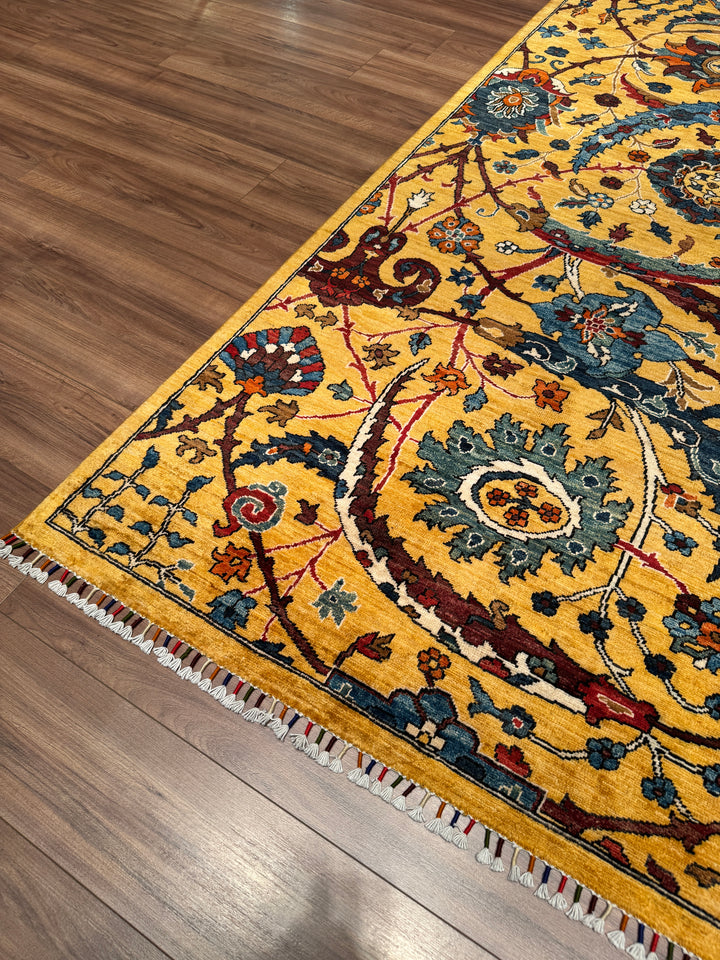 Sultani Binbirgece Orijinal El Dokuması Sarı Kök Boya Yün Halı 244x304 7.42 Metrekare - 7x10 ft