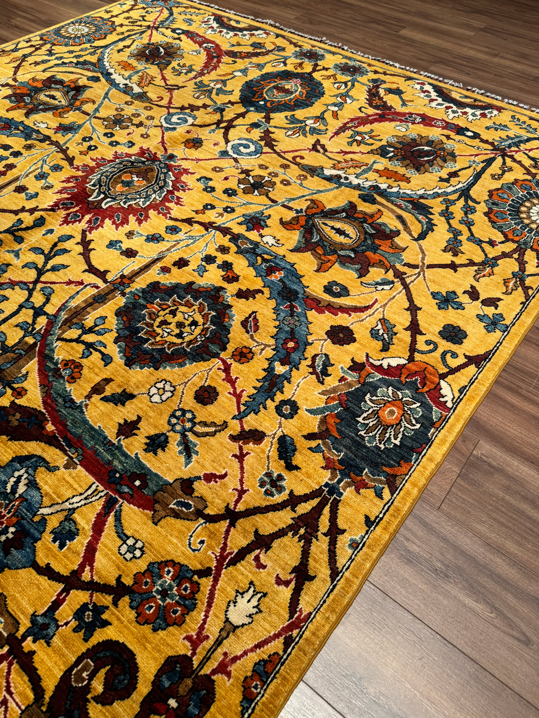 Sultani Binbirgece Orijinal El Dokuması Sarı Kök Boya Yün Halı 244x304 7.42 Metrekare - 7x10 ft