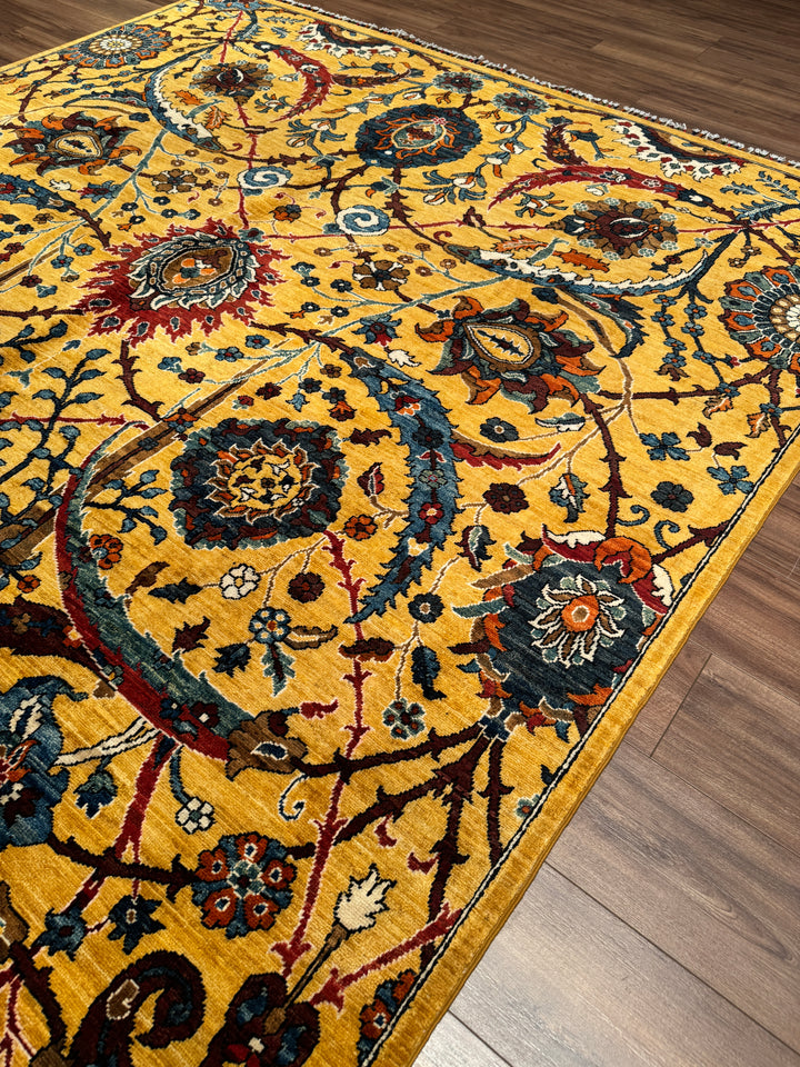 Sultani Binbirgece Orijinal El Dokuması Sarı Kök Boya Yün Halı 244x304 7.42 Metrekare - 7x10 ft