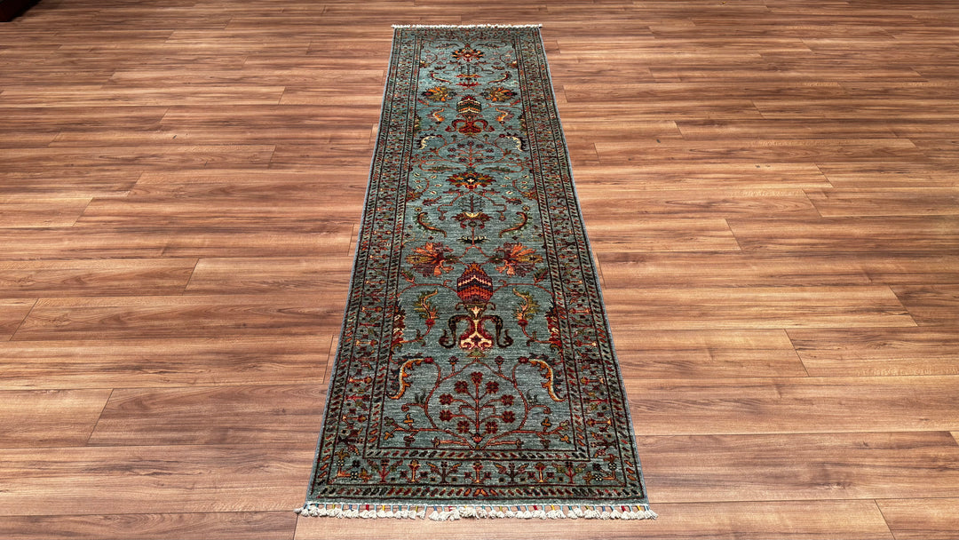 Sultani Floral Long Runner Original Hand Woven Gray Root Dye Wool Carpet 0.83x307 2.55 Square Meters - 2x10 ft 