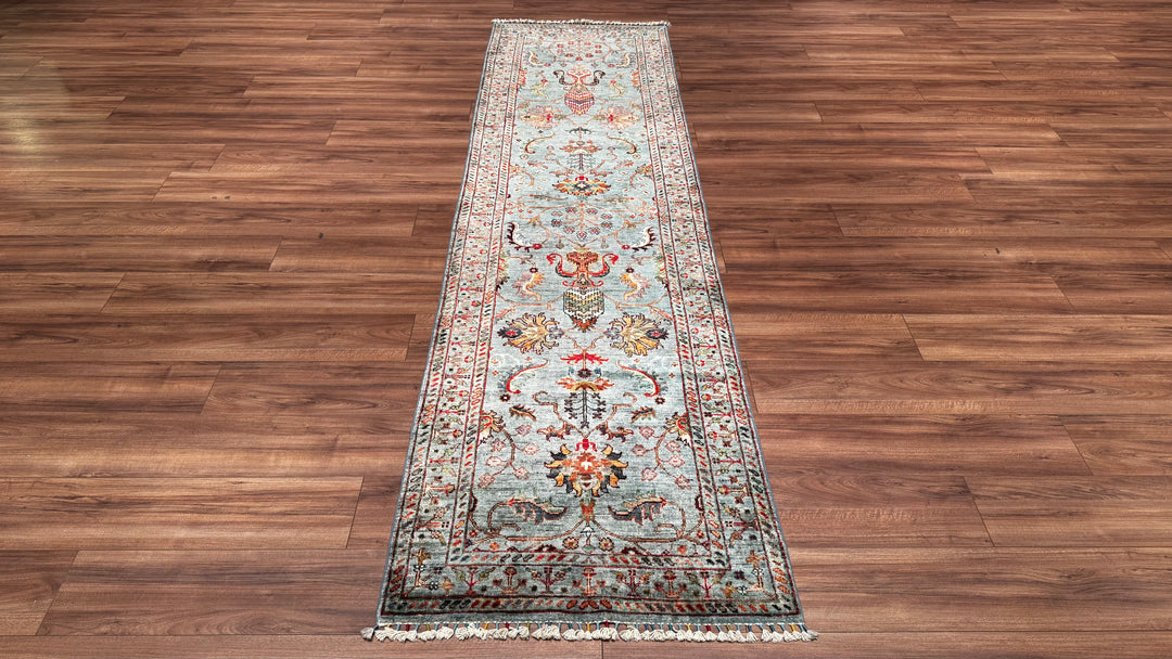 Sultani Floral Long Runner Original Hand Woven Gray Root Dye Wool Carpet 0.83x307 2.55 Square Meters - 2x10 ft 