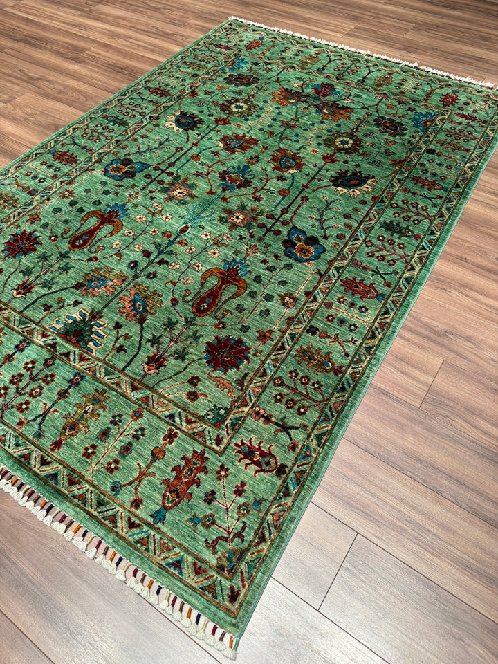 Sultani Çiçekli Orijinal El Dokuması Yeşil Kök Boya Yün Halı 171x254 4.34 Metrekare - 5x8 ft