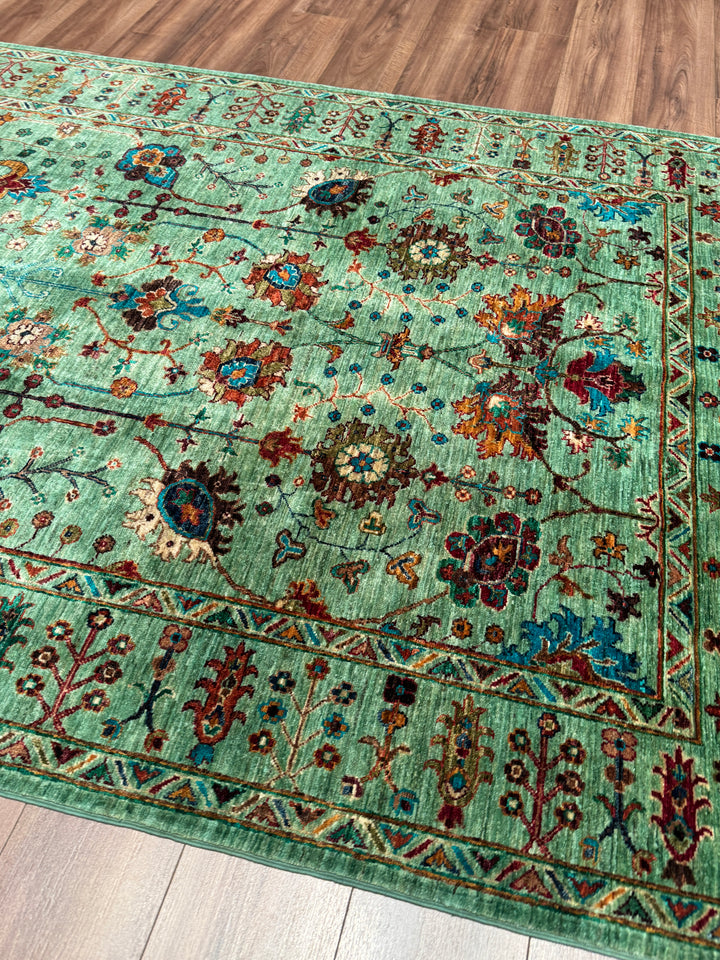 Sultani Çiçekli Orijinal El Dokuması Yeşil Kök Boya Yün Halı 171x254 4.34 Metrekare - 5x8 ft