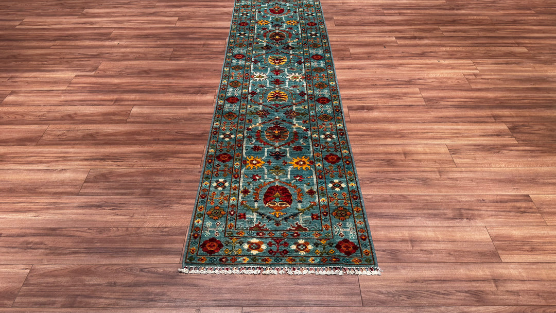 Sultani Floral Long Runner Original Hand Woven Turquoise Root Dye Wool Carpet 0.81x305 2.47 Square Meters - 2x10 ft