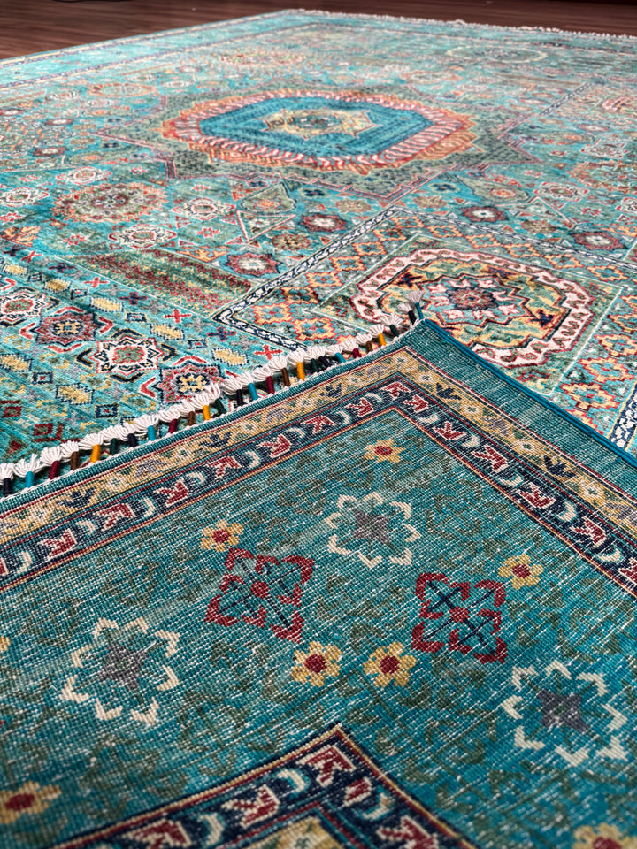 Mamluk Original Handwoven Turquoise Root Dye Wool Rug 272x347 cm (9.44 square meters) - 8x11 ft 
