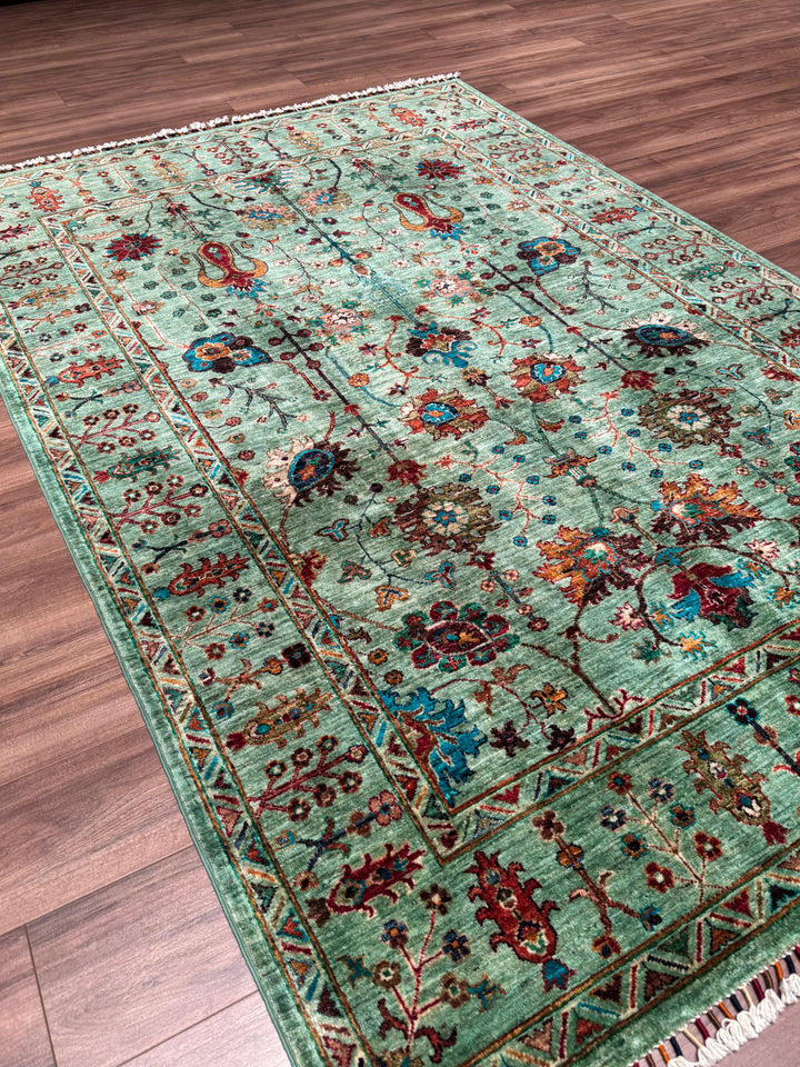 Sultani Çiçekli Orijinal El Dokuması Yeşil Kök Boya Yün Halı 171x254 4.34 Metrekare - 5x8 ft