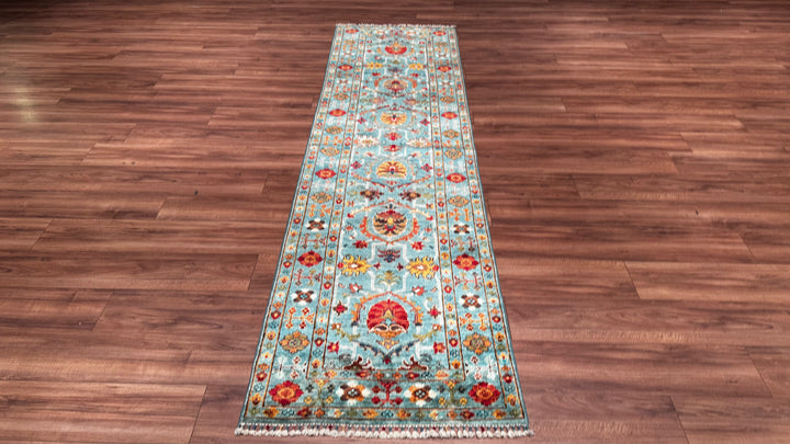 Sultani Floral Long Runner Original Hand Woven Turquoise Root Dye Wool Carpet 0.81x305 2.47 Square Meters - 2x10 ft