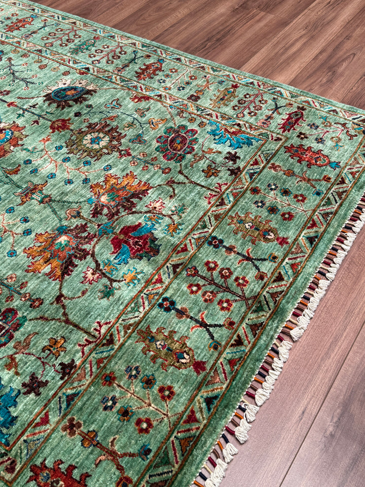 Sultani Çiçekli Orijinal El Dokuması Yeşil Kök Boya Yün Halı 171x254 4.34 Metrekare - 5x8 ft