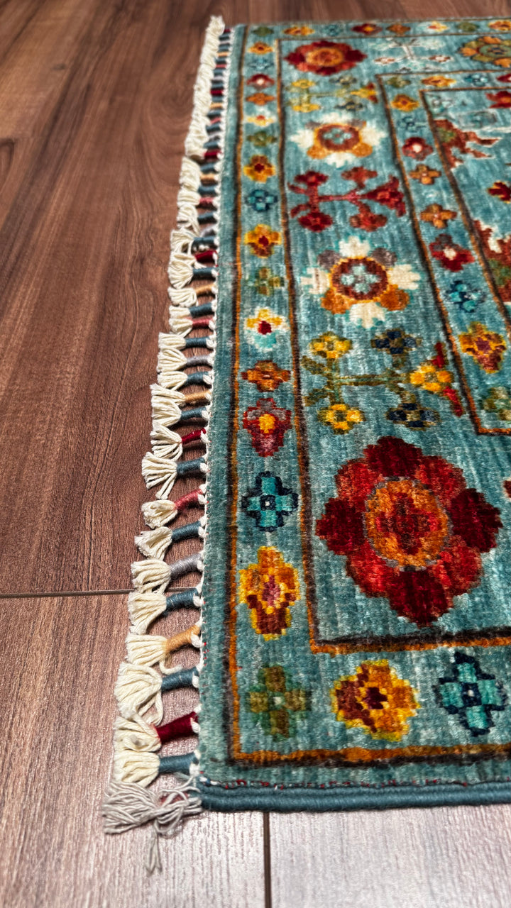 Sultani Floral Long Runner Original Hand Woven Turquoise Root Dye Wool Carpet 0.81x305 2.47 Square Meters - 2x10 ft