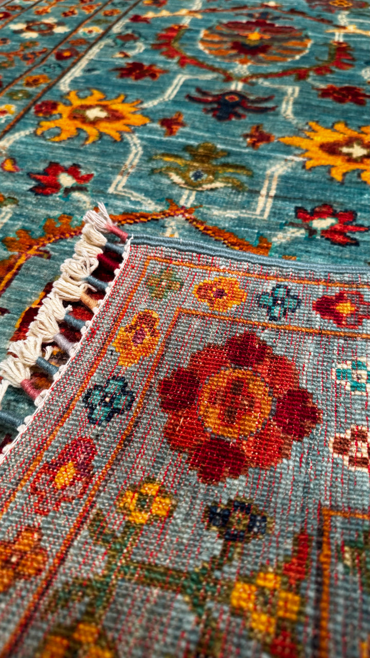 Sultani Floral Long Runner Original Hand Woven Turquoise Root Dye Wool Carpet 0.81x305 2.47 Square Meters - 2x10 ft