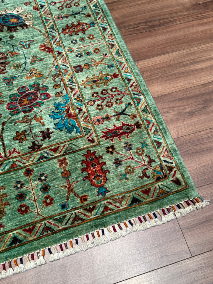 Sultani Çiçekli Orijinal El Dokuması Yeşil Kök Boya Yün Halı 171x254 4.34 Metrekare - 5x8 ft