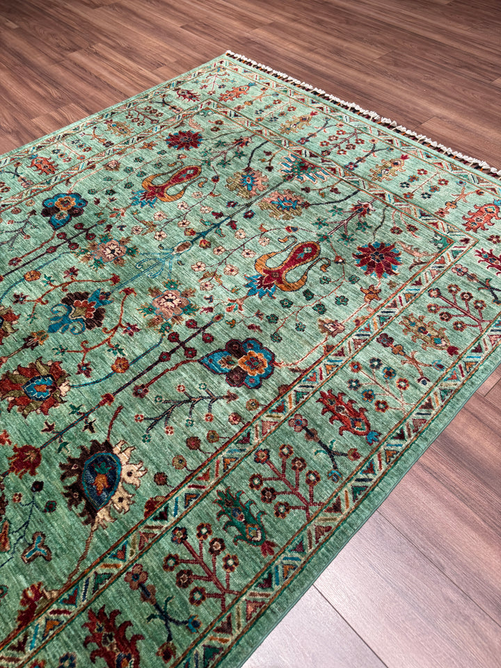 Sultani Çiçekli Orijinal El Dokuması Yeşil Kök Boya Yün Halı 171x254 4.34 Metrekare - 5x8 ft