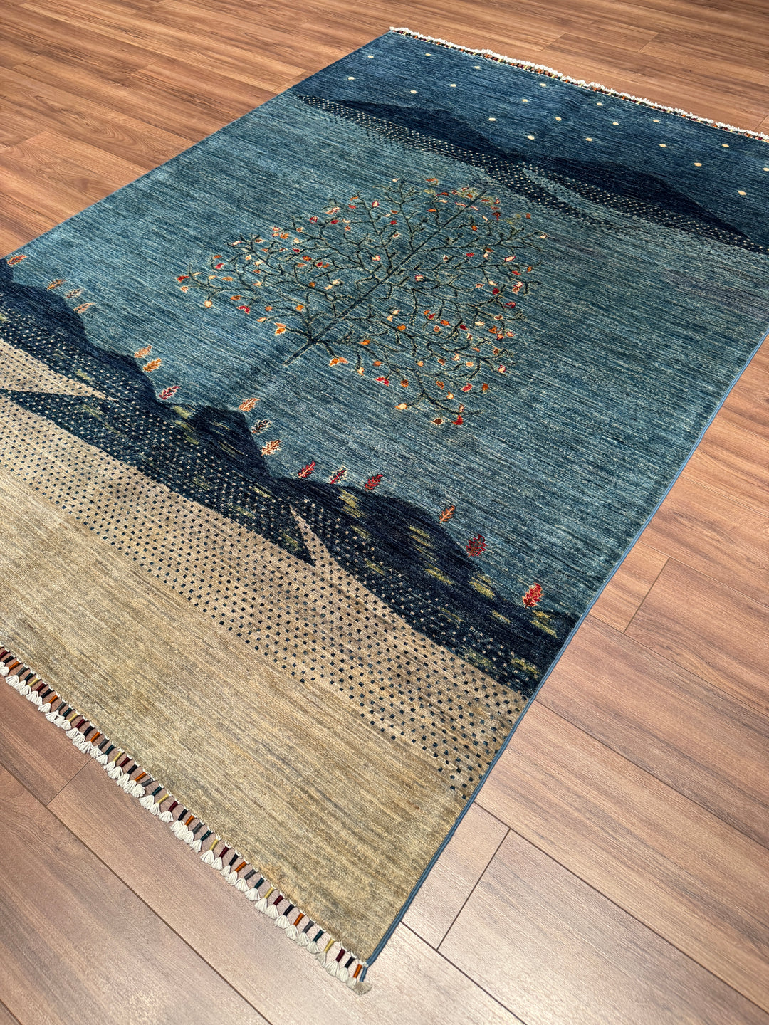 Hayat Ağacı Orijinal El Dokuması Mavi Kök Boya Yün Halı 173x239 4.13 Metrekare - 5x8 ft