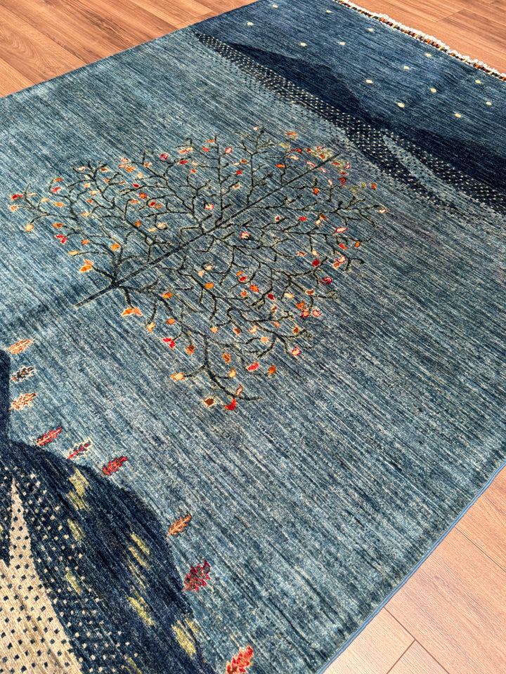 Hayat Ağacı Orijinal El Dokuması Mavi Kök Boya Yün Halı 173x239 4.13 Metrekare - 5x8 ft