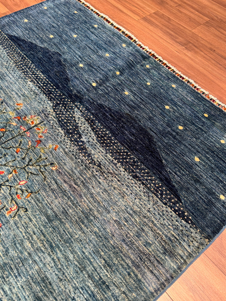Hayat Ağacı Orijinal El Dokuması Mavi Kök Boya Yün Halı 173x239 4.13 Metrekare - 5x8 ft