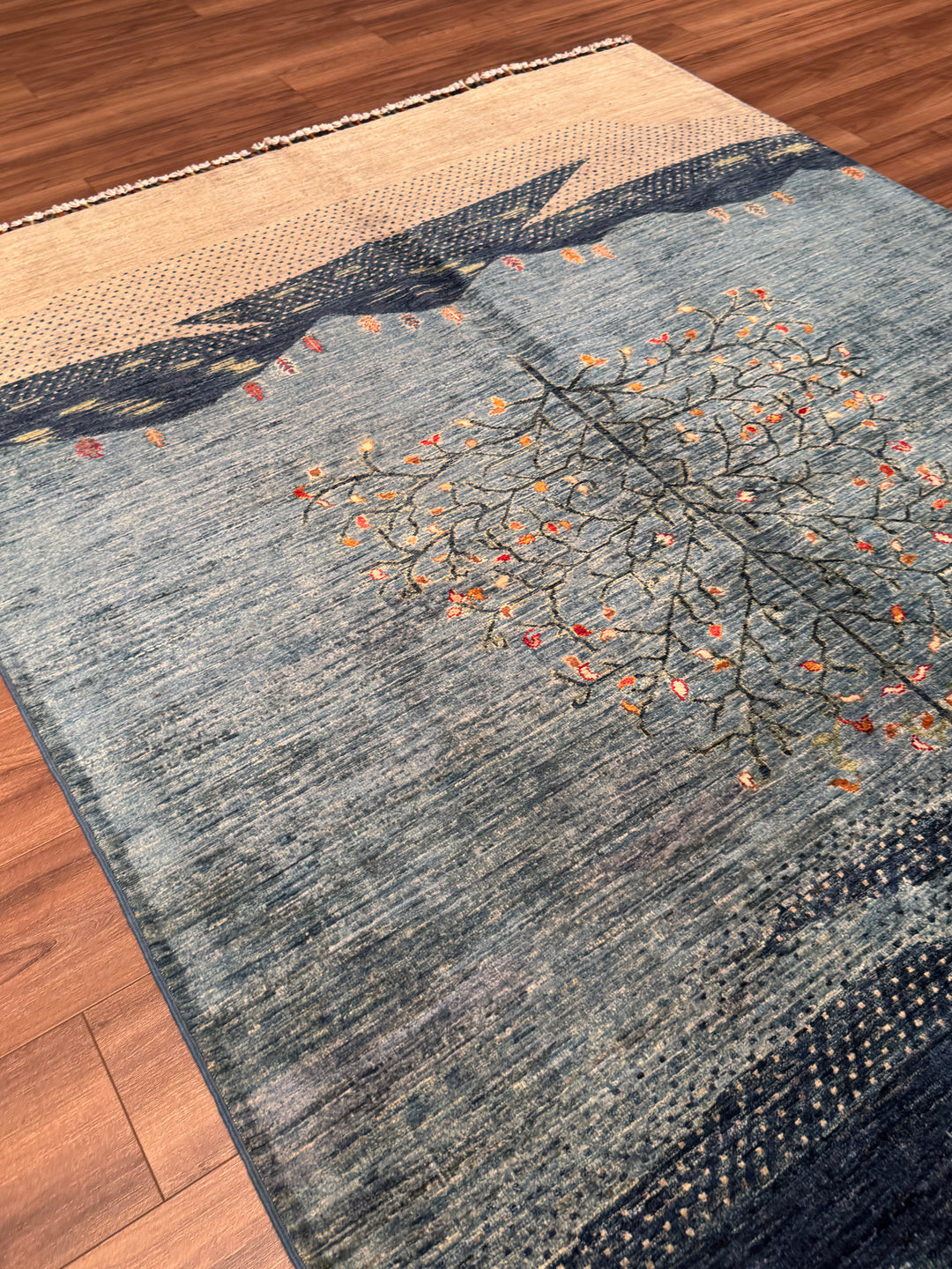 Hayat Ağacı Orijinal El Dokuması Mavi Kök Boya Yün Halı 173x239 4.13 Metrekare - 5x8 ft