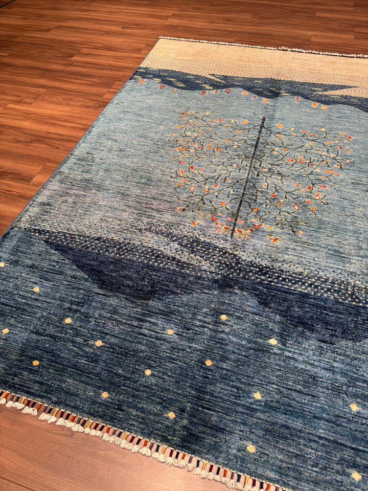 Hayat Ağacı Orijinal El Dokuması Mavi Kök Boya Yün Halı 173x239 4.13 Metrekare - 5x8 ft