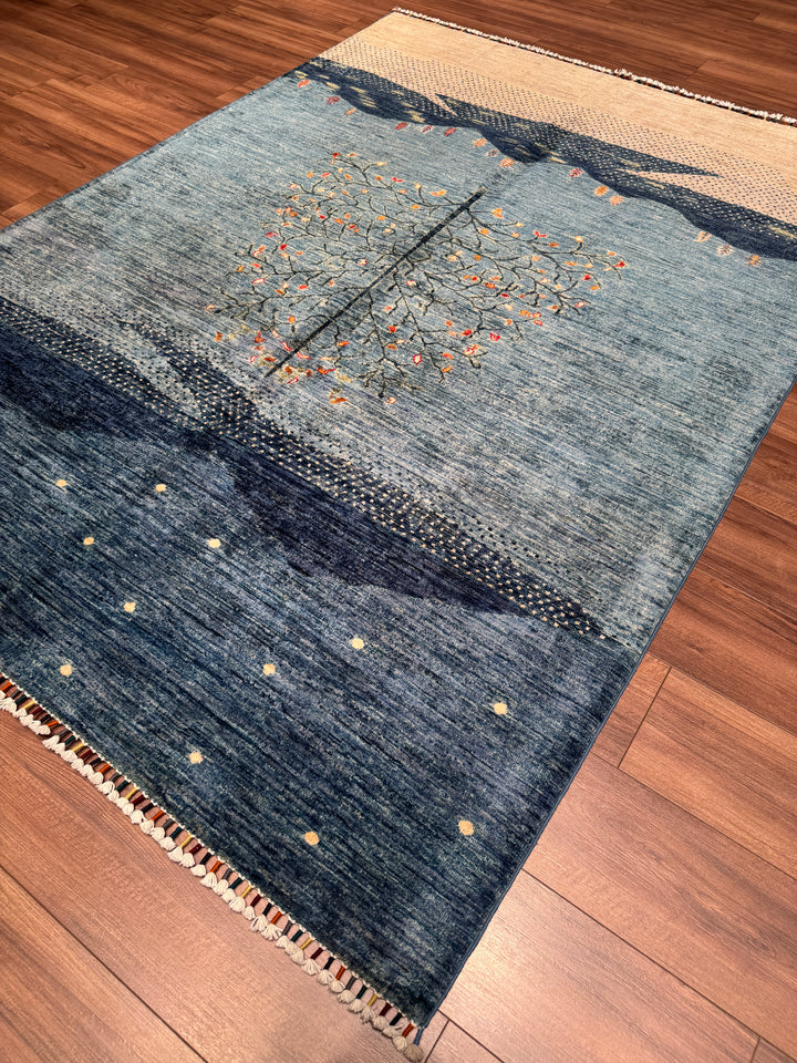Hayat Ağacı Orijinal El Dokuması Mavi Kök Boya Yün Halı 173x239 4.13 Metrekare - 5x8 ft
