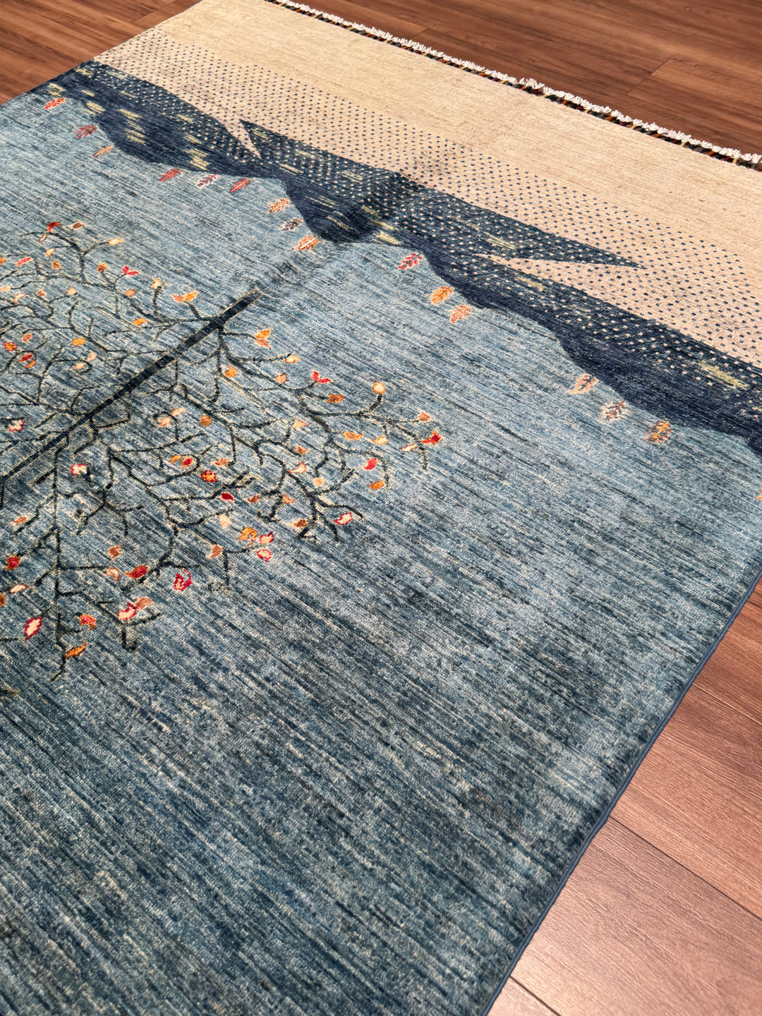 Hayat Ağacı Orijinal El Dokuması Mavi Kök Boya Yün Halı 173x239 4.13 Metrekare - 5x8 ft