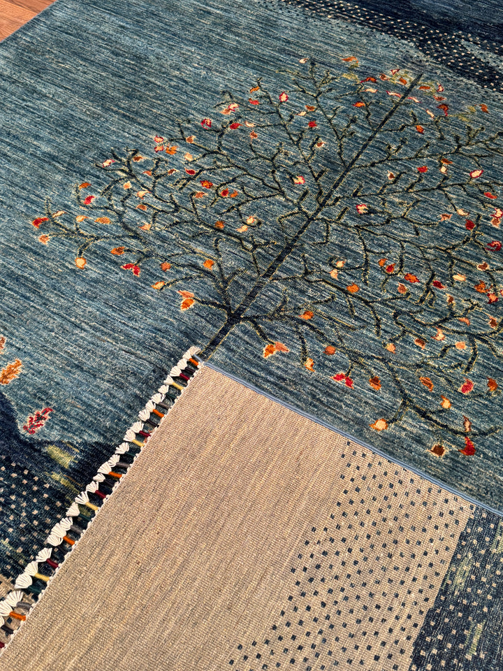 Hayat Ağacı Orijinal El Dokuması Mavi Kök Boya Yün Halı 173x239 4.13 Metrekare - 5x8 ft