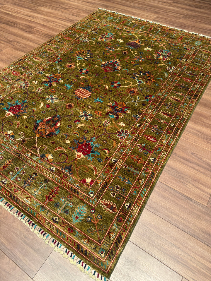 Sultani Binbirgece Orijinal El Dokuması Yeşil Kök Boya Yün Halı 170x246 4.18 Metrekare - 5x8 ft